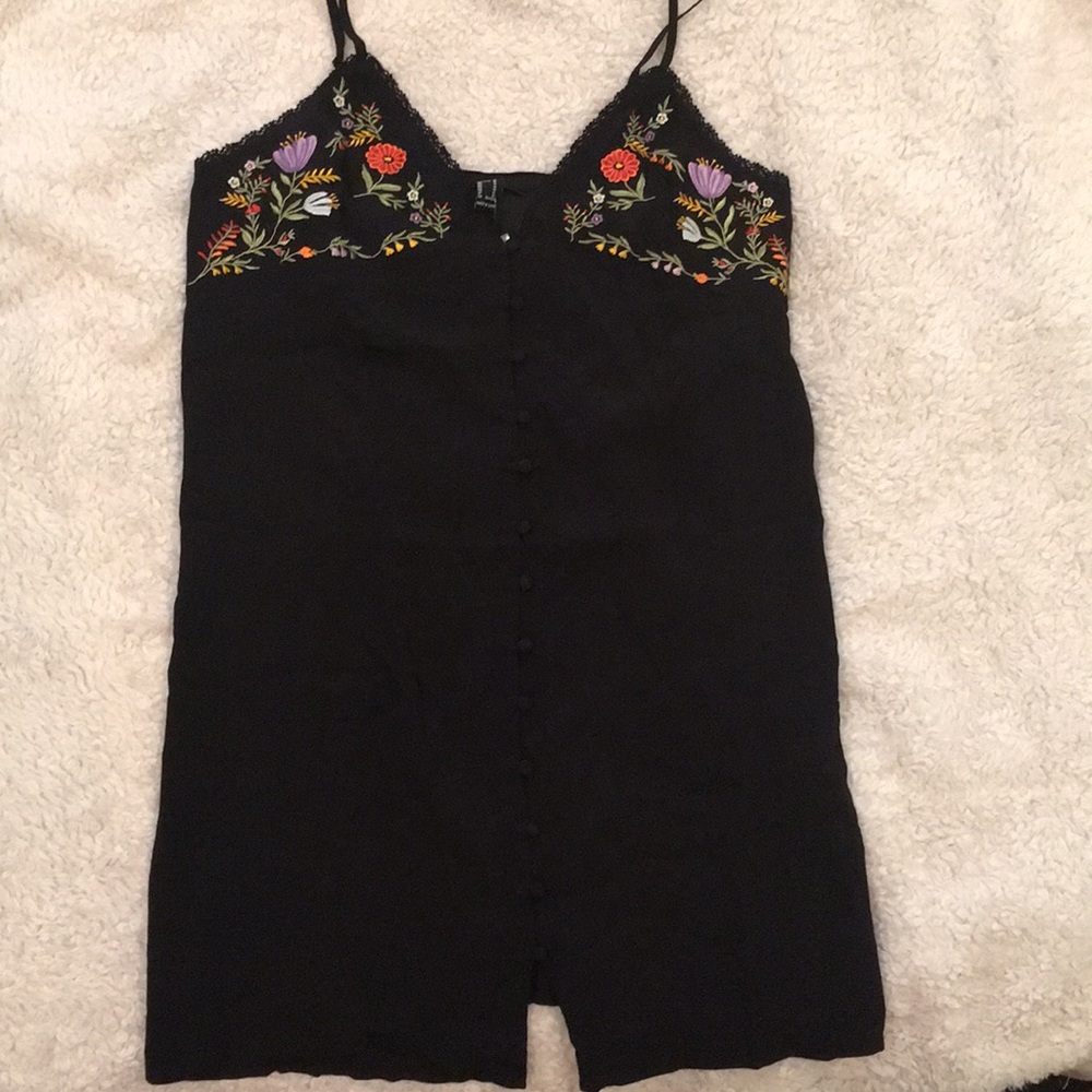 Floral Embroidered Black Shift Mini Dress